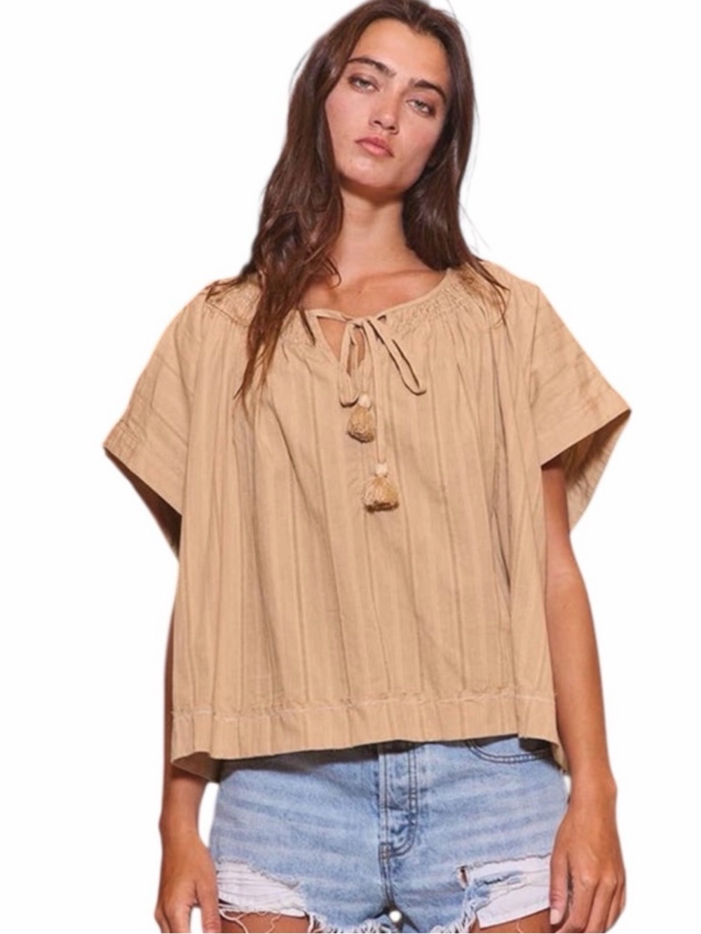 BUCKETLIST Tan Tassel Peasant Tunic Top NWOT